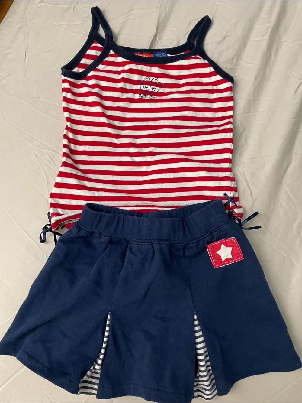 Girl Red & White Striped Tank with Navy Pleated Skirt Skort outfit Set  Sz 6/7/8